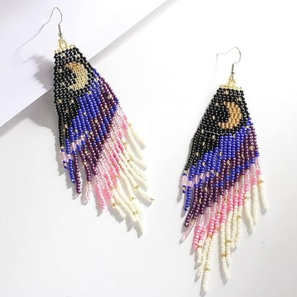 Crescent Moon Black Blue Purple Pink Long 5" Earrings Handmade Beaded Oversized - Picture 2 of 7